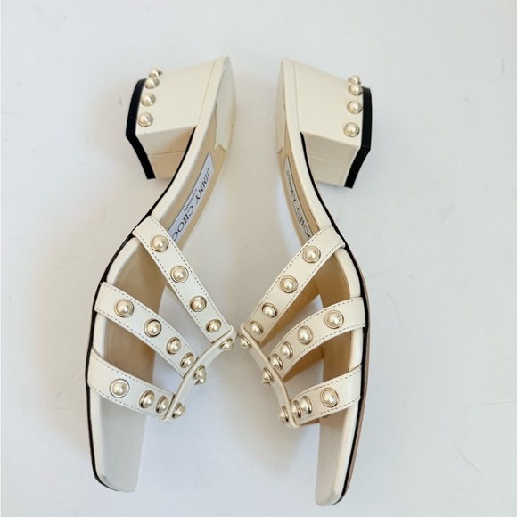 Jimmy Choo White/ Latte Leather Hazal Pearl Cage Slide Sandal 45mm 37 - Picture 3 of 10